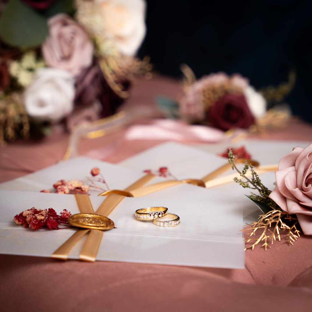 anillo-invitacion-boda-detalles-new-jersey.jpg Anillo de bodas de oro sobre invitación de boda con diseño floral. Detalles de fotografía de bodas en New Jersey.