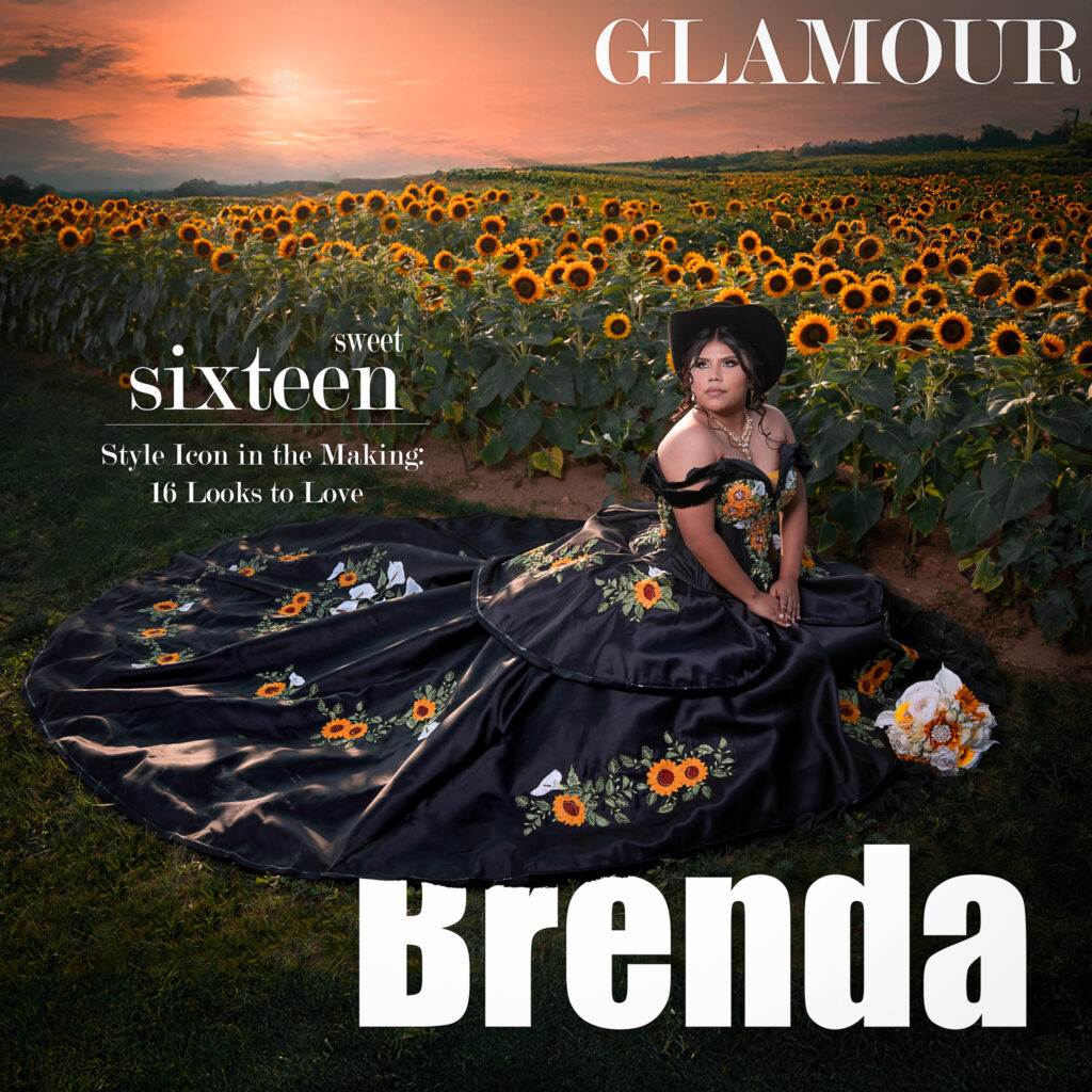 Sesión de Fotos de Quinceañera Original en New Jersey | Portada de Revista en Campo de Girasoles Portada de revista simulada con una quinceañera posando en un campo de girasoles en New Jersey. Ideas creativas para sesiones de fotos de quince años en exteriores.